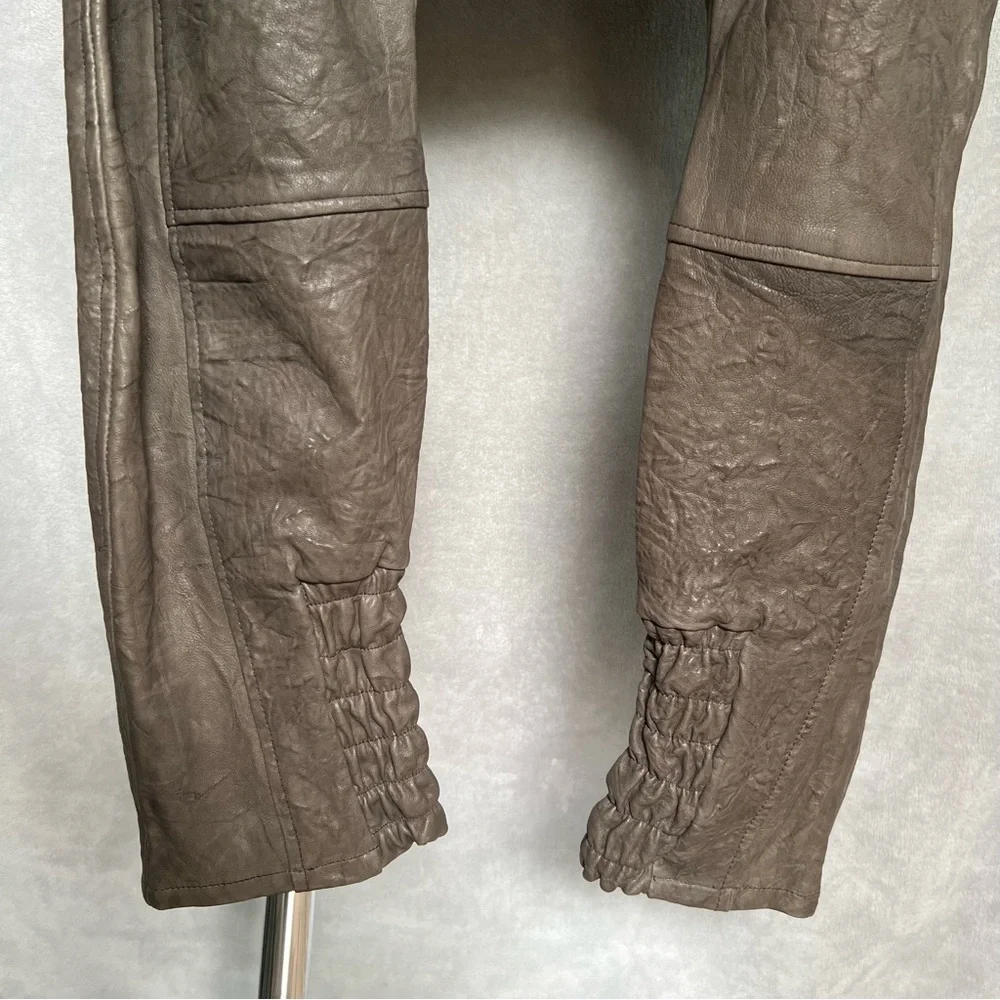 ROCOCO Crinkle Leather Pants Sz S Barrel Drop Crutch Crop Harem Olive Green Soft - Picture 16 of 17